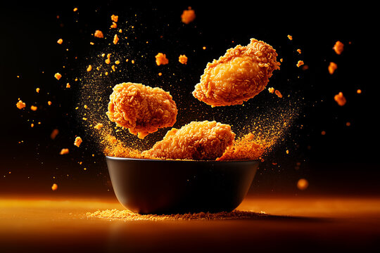 fried chicken wings and legs fall from the air into the bowl,delicious and crispy, crumbs flying,poster banner design