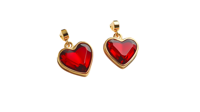 Two red heart pendants with gold frames. - Powered by Adobe