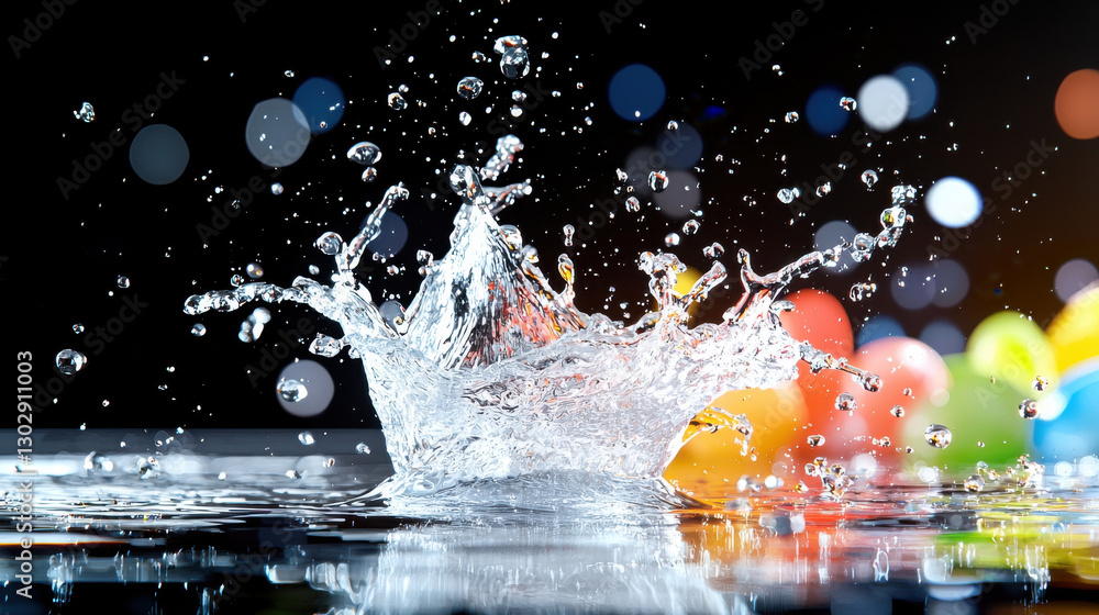 Poster high speed shot of water splashing, creating dynamic droplets against blurred colorful background. i