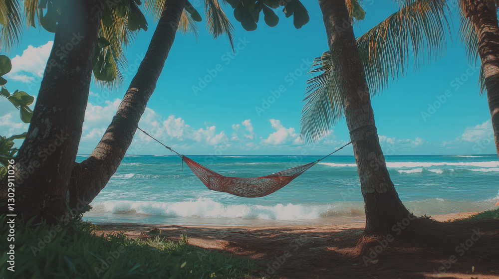 Poster relaxing beach view from a hammock between palm trees at oceanfront