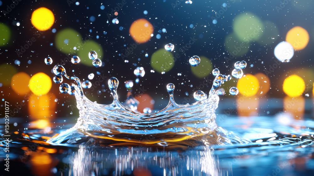 Poster high speed shot of water splashing, creating dynamic droplets and ripples, with colorful bokeh light