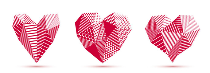Low poly pattern geometric heart vector icons or logos set, graphic design 3d love theme element, polygonal dimensional heart.
