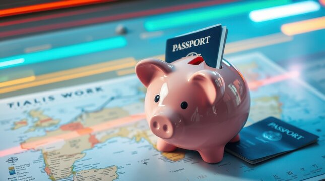 Saving for travel: A pink piggy bank with passport on a map. Focus on financial goals for future trips.