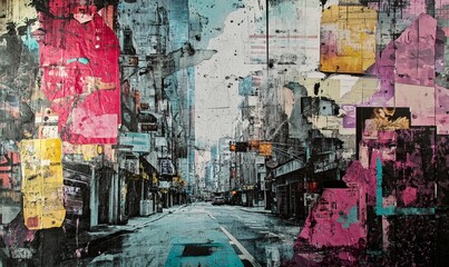 Fototapeta premium Grunge cityscape art with layered street textures.