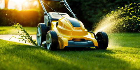 A yellow lawn mower expertly trims a vibrant green lawn on a sunny day, grass flying.