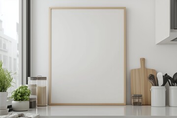 Mockup de moldura vertical em cozinha moderna com utensílios, plantas e decoração minimalista, criado com IA generativa para visualização de arte e design