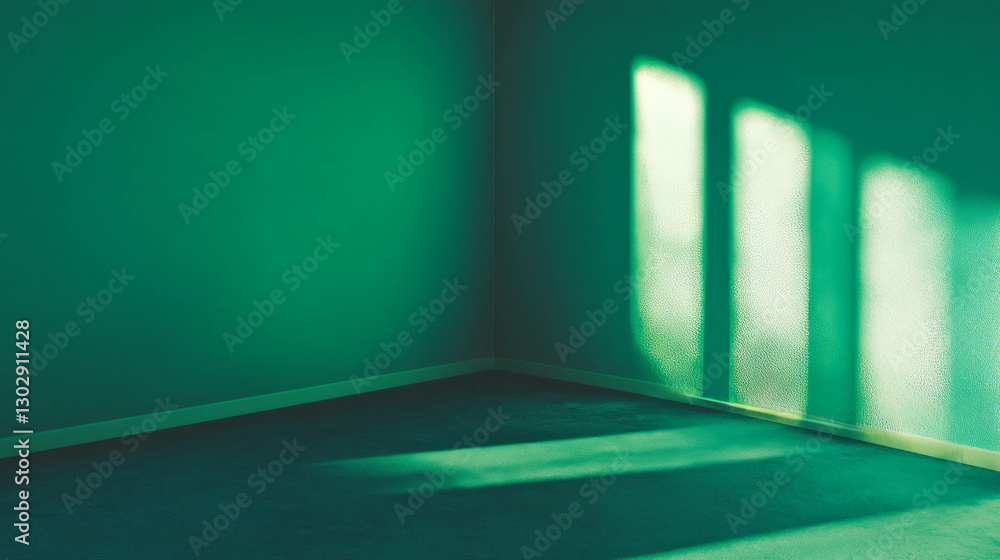 Poster intersecting shadows in a minimal emerald green room corner