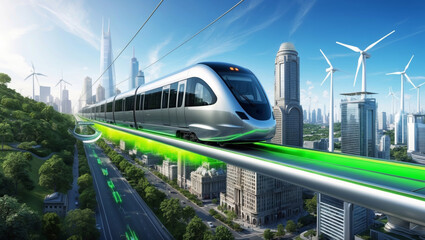 Naklejka premium A futuristic train glides through a vibrant city showcasing the power of green energy and sustainable living.