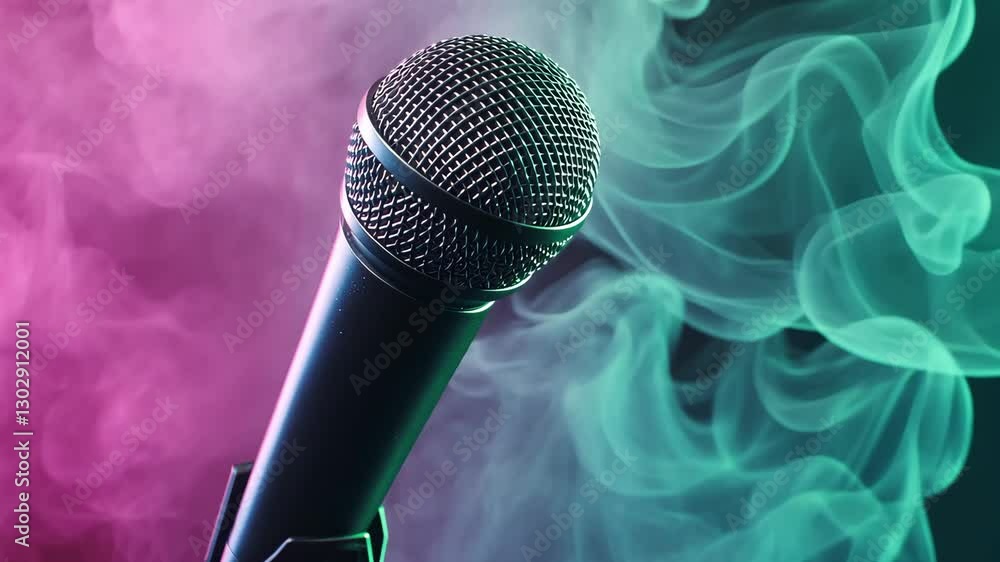 Poster close up of microphone surrounded by colorful smoke, creating vibrant atmosphere for music and perfo