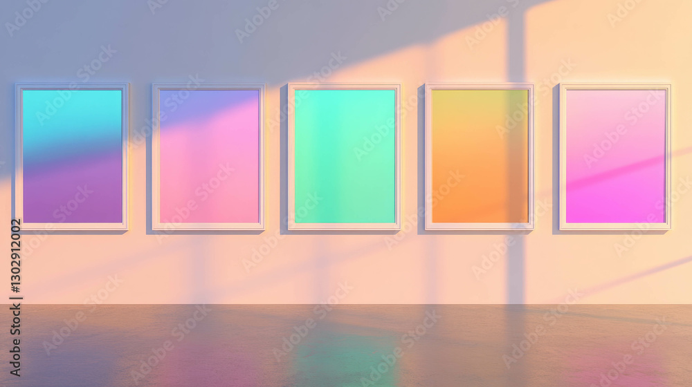 Poster colorful gradient art display with white frames on wall for interior design inspiration