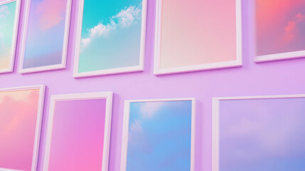 Collection of white frames with colorful sky artworks for modern interior design
