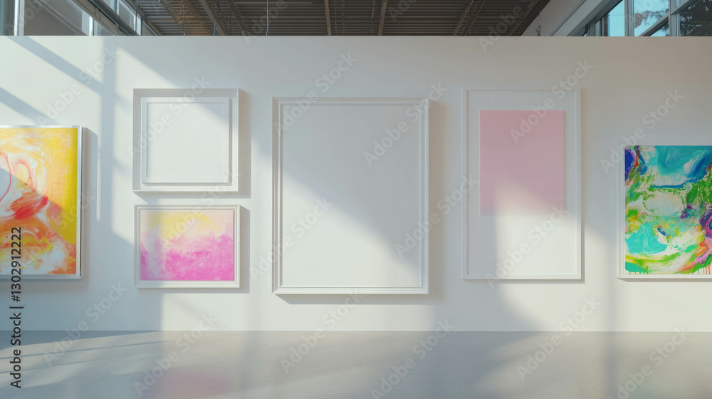 Poster Art gallery display with variety of white frames and colorful abstract paintings