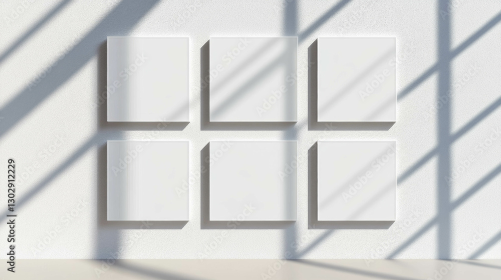 Poster minimalistic wall decor arrangement with nine small white frames in grid layout