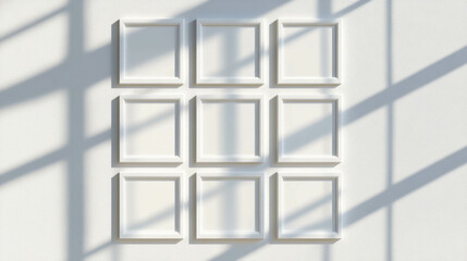 Fototapeta premium Modern home decor concept: grid of nine small white frames in minimalist style for interior design