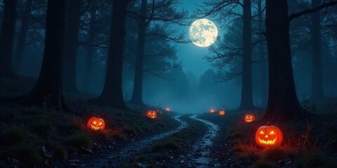 Enchanted Forest Path Illuminated by Glowing Jack-o'-lanterns Underneath a Mystical Full Moon