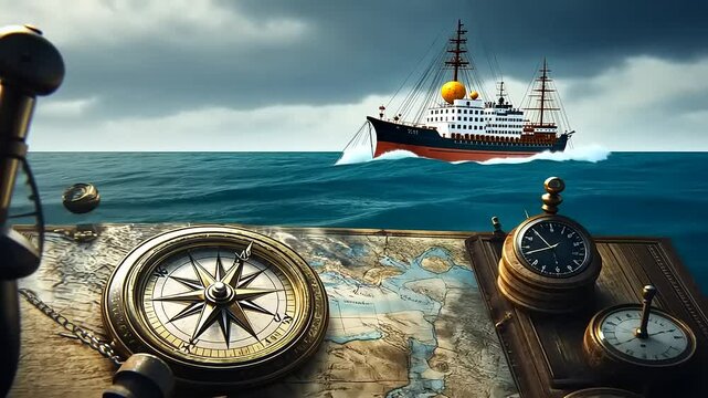 A vintage compass and map on a ship's deck, with a stormy sea and distant ship in the background