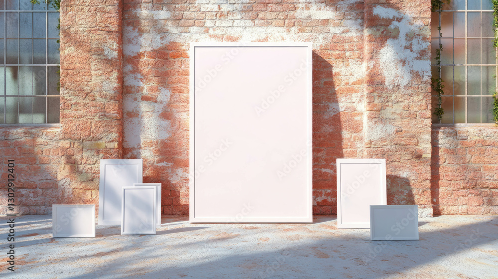 Poster rustic brick wall with large white frame for design presentation