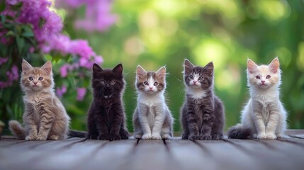 Five Colorful Kittens Sitting Together
