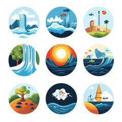Diverse Nature Scenes Vector Icons Set - Waterfall, Ocean, Sunset, Landscape