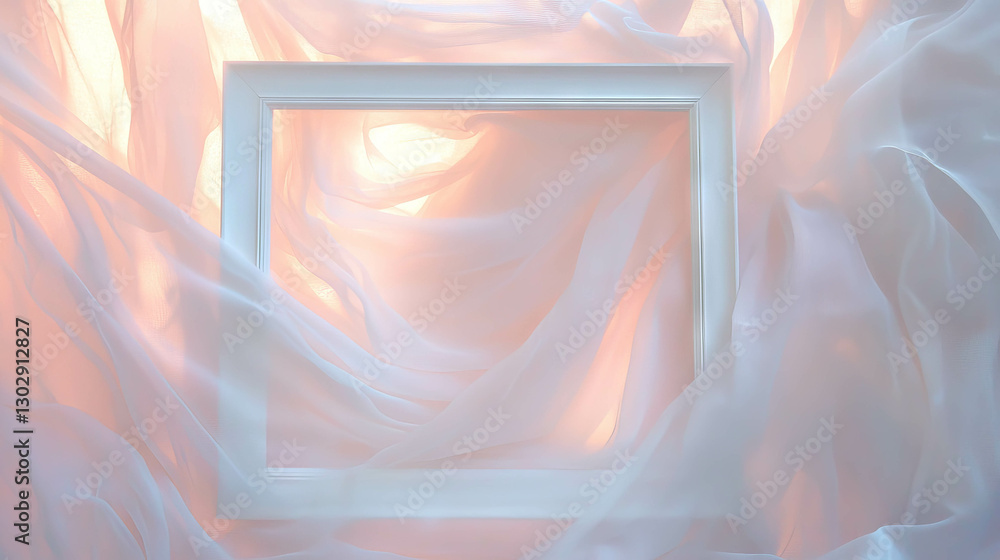 Poster Elegant white frame with flowing fabric background for art display