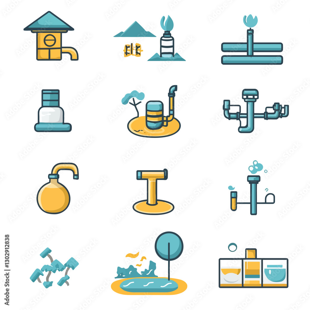 Poster set of colorful vector icons depicting various water related systems