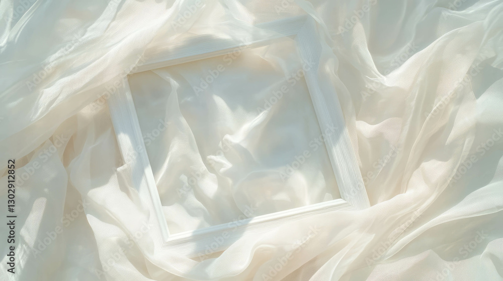 Poster elegant white frame partially covered with flowing sheer fabric for design inspiration