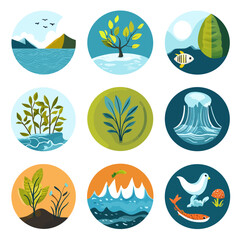 Naklejka premium Nature Icons Set - Landscape Elements, Flora and Fauna in Circles