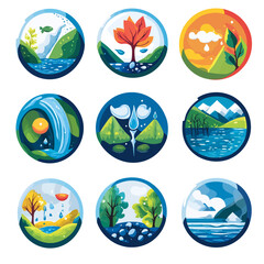 Nature Scenes Set in Circles, Environment Concept, Ecology, Seasons, Water