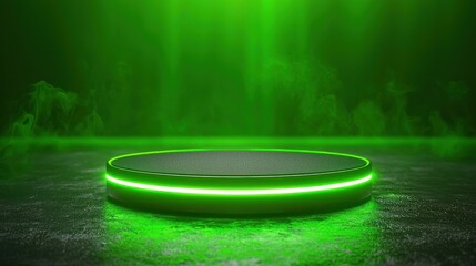 Empty green lit circular podium on a smoky concrete floor