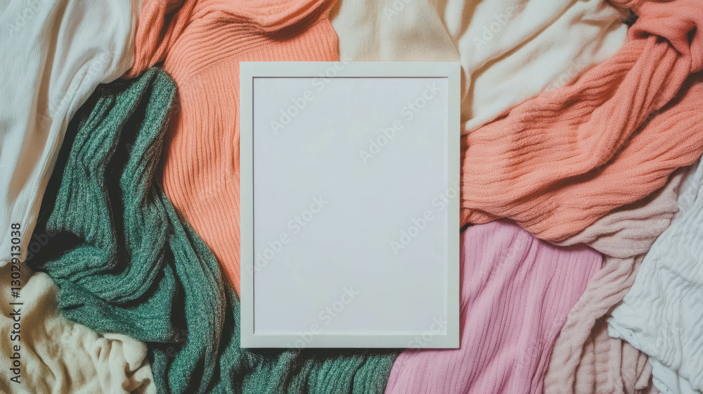 Poster Mockup of a white frame on colorful textiles for creative display design