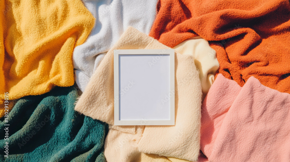 Poster minimalistic white frame on colorful textile background for interior design and art display