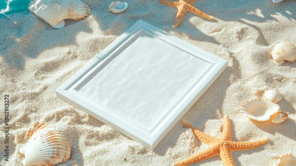 Aufkleber white frame mockup on sandy beach with seashells and starfish for summer design