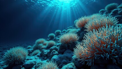 Underwater view of coral reef affected by bleaching due to climate change	