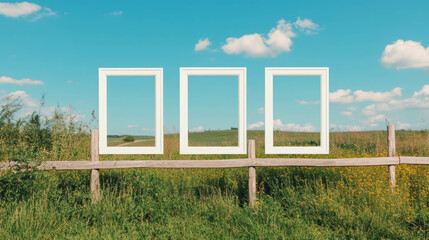 Nature inspired mockup of three white frames on rustic fence in countryside