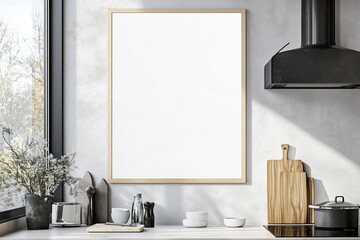 Mockup de moldura vertical em cozinha moderna com utensílios, plantas e decoração minimalista, criado com IA generativa para visualização de arte e design