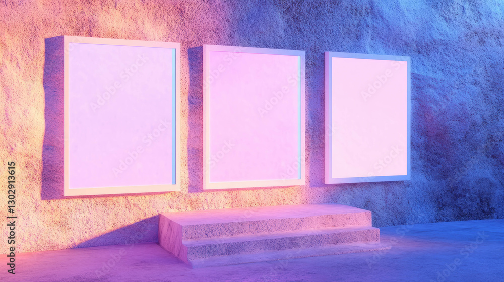 Aufkleber modern art display with three white frames on stone staircase background
