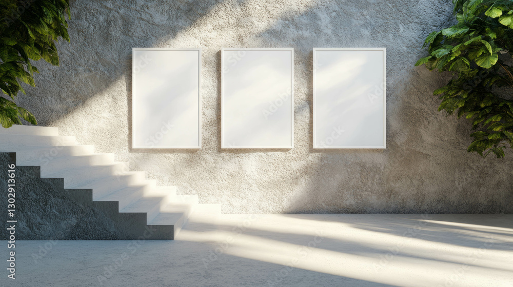 Poster minimalistic interior design mockup featuring three white frames and staircase