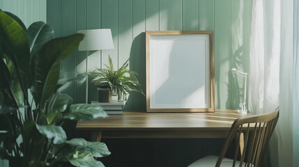 Green Botanical Home Office Mockup – Wooden Frame, Natural Light, Minimalist & Eco-Friendly Workspace, Biophilic-Inspired Desk Setup, Scandinavian Japandi Office Decor, Plant-Filled Productivity Space