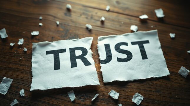 Broken Trust: Torn paper with the word 'Trust' symbolizes fractured relationships and loss of confidence.