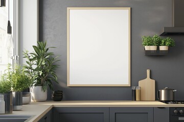 Mockup de moldura vertical em cozinha moderna com utensílios, plantas e decoração minimalista, criado com IA generativa para visualização de arte e design