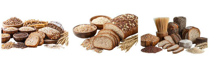 Breads and Pasta A Diverse Collection of Baked Goods and Cereals on Transparent Background
