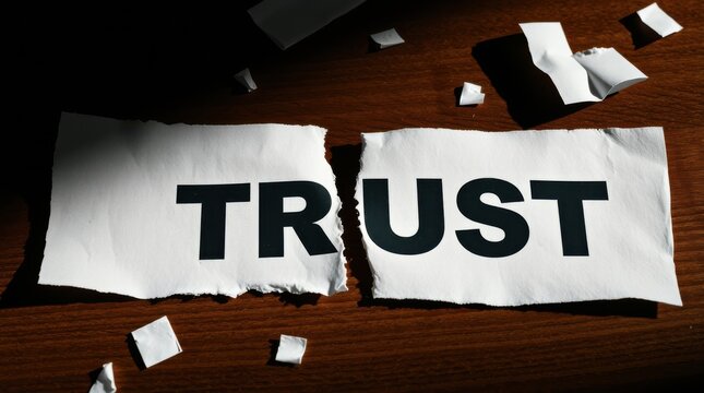 Broken Trust: A ripped paper with the word "TRUST" conveys a sense of betrayal or loss of confidence.
