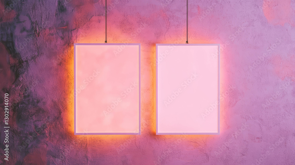 Poster minimalist art display with two illuminated white frames on textured wall