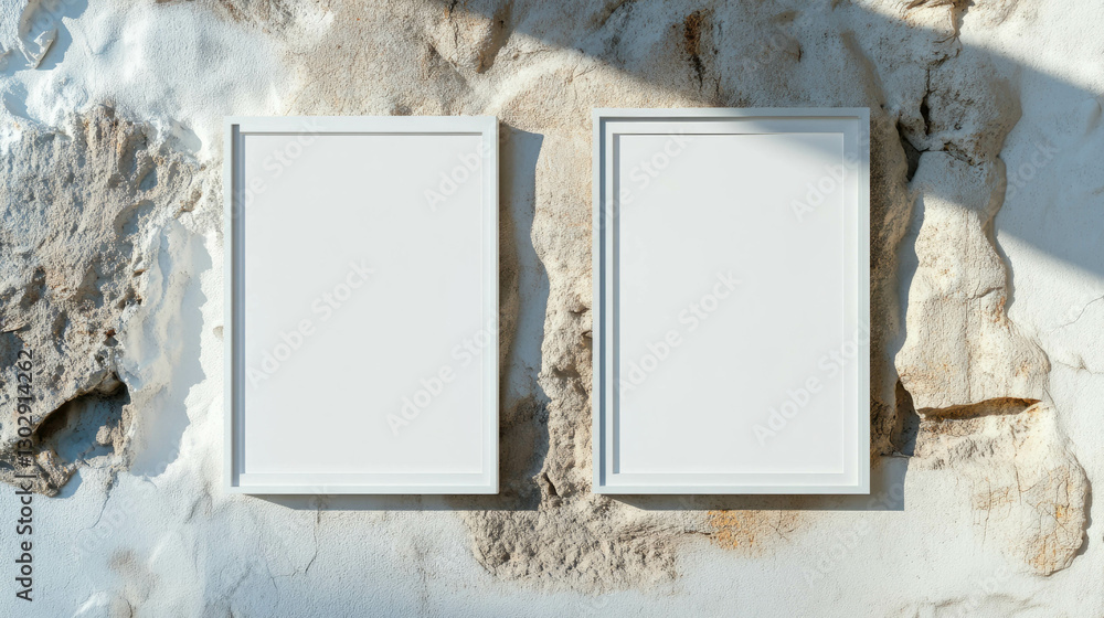 Poster minimalist mockup of two white frames hanging on textured stone wall