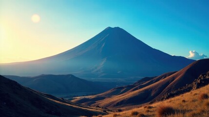 Fototapeta premium Majestic Peak at Sunrise Serene Panorama of Rolling Hills and a Single, Imposing Mountain Silhouette Against a Vivid Azure Sky