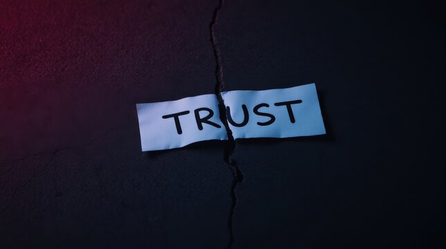 Fractured Trust: A torn piece of paper with the word 'TRUST' lies on a dark, cracked surface.