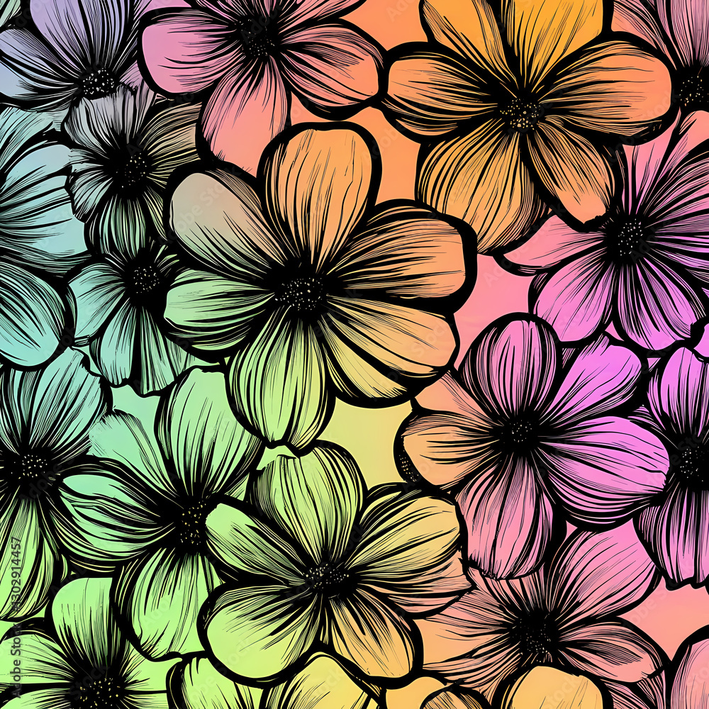 Poster colorful floral pattern with detailed line art on a gradient background. generative ai
