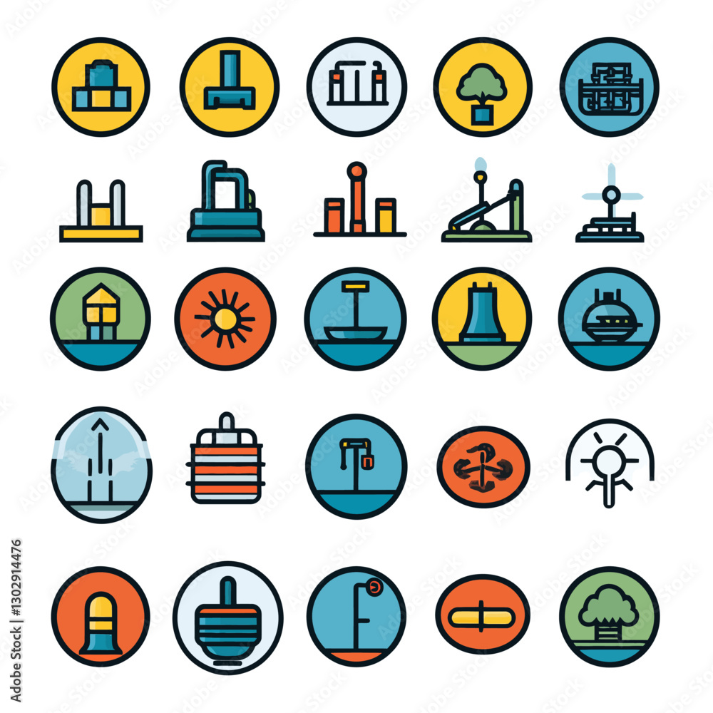 Poster set of industry and environment vector icons representing different factories