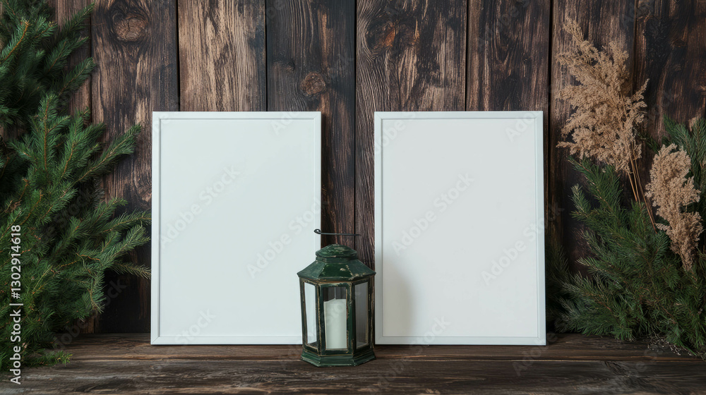 Poster rustic decor with mockup of two white frames and lantern on wooden background