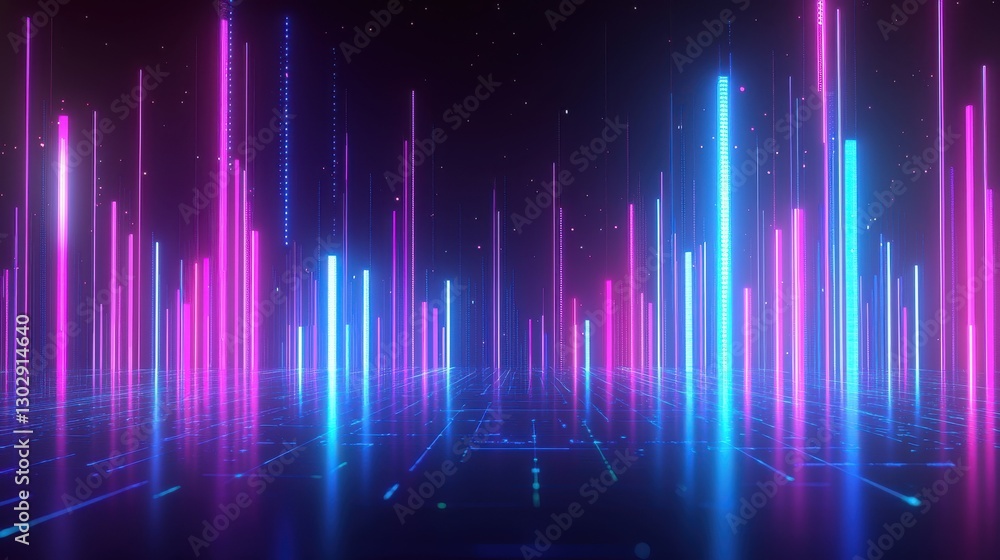Poster vibrant digital waveform in neon colors illuminating a dark space with symmetrical patterns and a fu